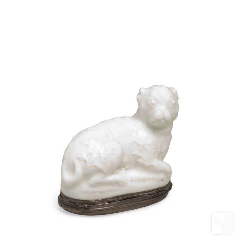A Mennecy silver-mounted white snuff box and cover in the shape of a pug dog, circa 1750